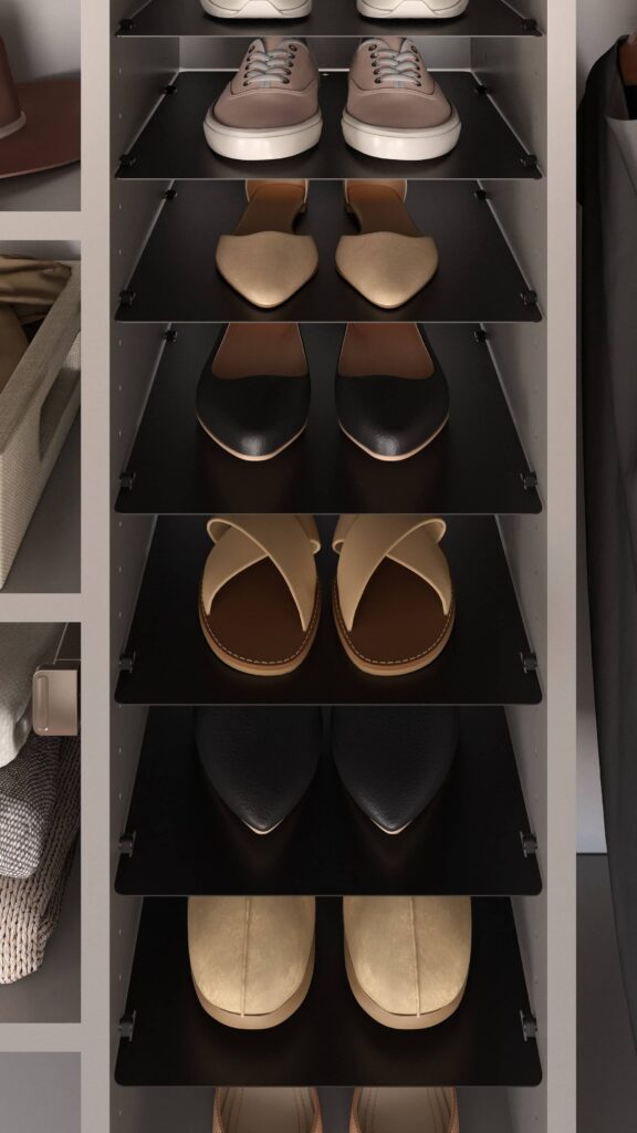 Neatly organized shoe rack with various shoes.
