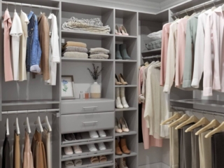 Organized walk-in closet with clothes and shoes.