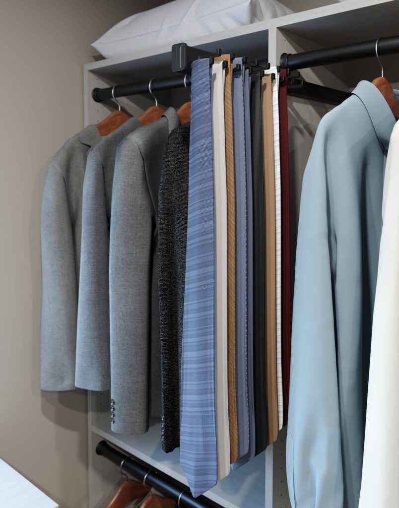 Closet with hanging suits and ties organized