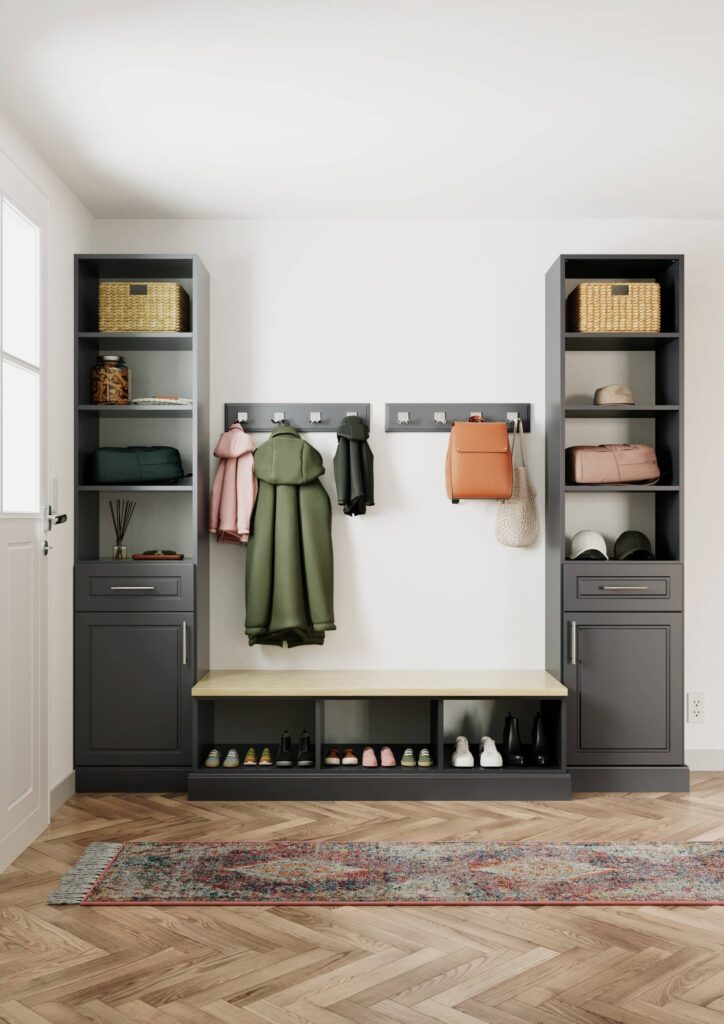 Organized mudroom with shelves, hooks, and bench seating.