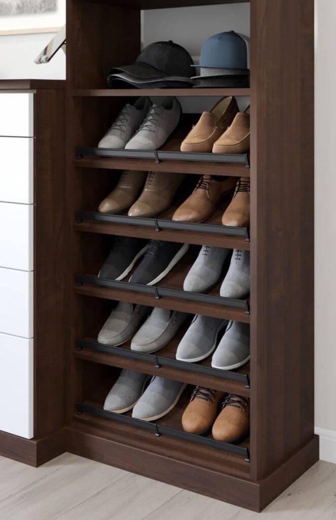 Wooden shoe rack with hats and shoes.