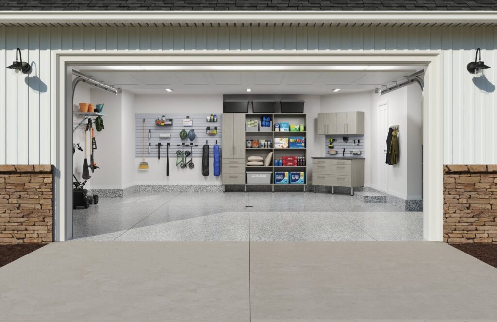 Organized garage with tools and storage cabinets