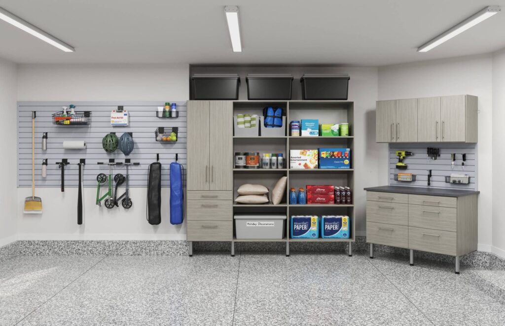 Organized garage with shelves and storage solutions.
