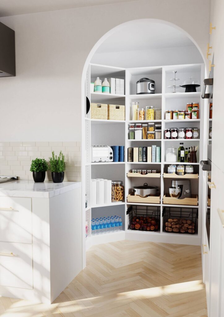 Organized kitchen pantry with shelves and various items.