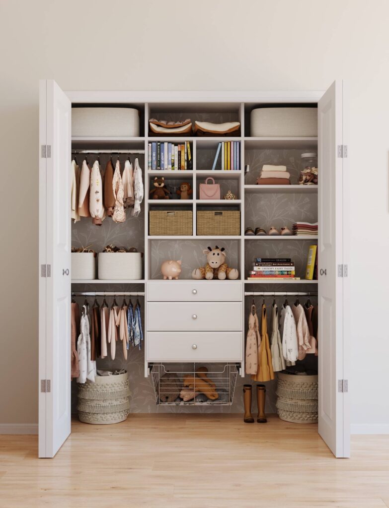 Organized closet with clothes and toys