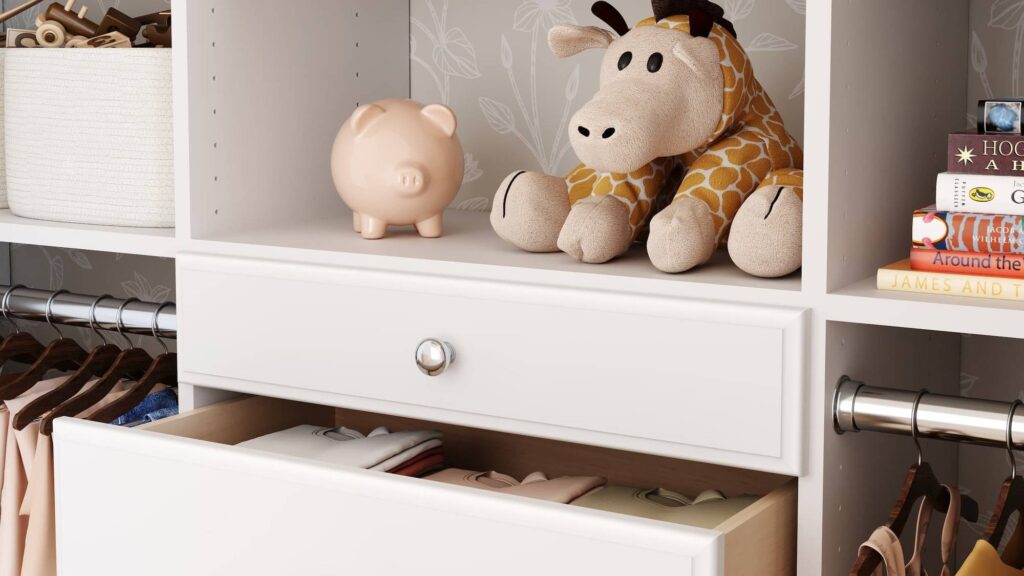 Closet shelf with piggy bank and giraffe plush