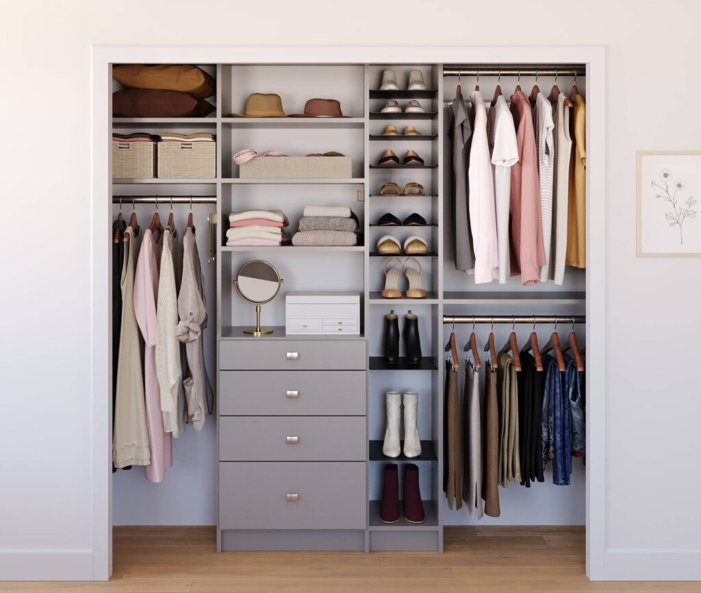 Organized closet with clothes, shoes, and accessories.