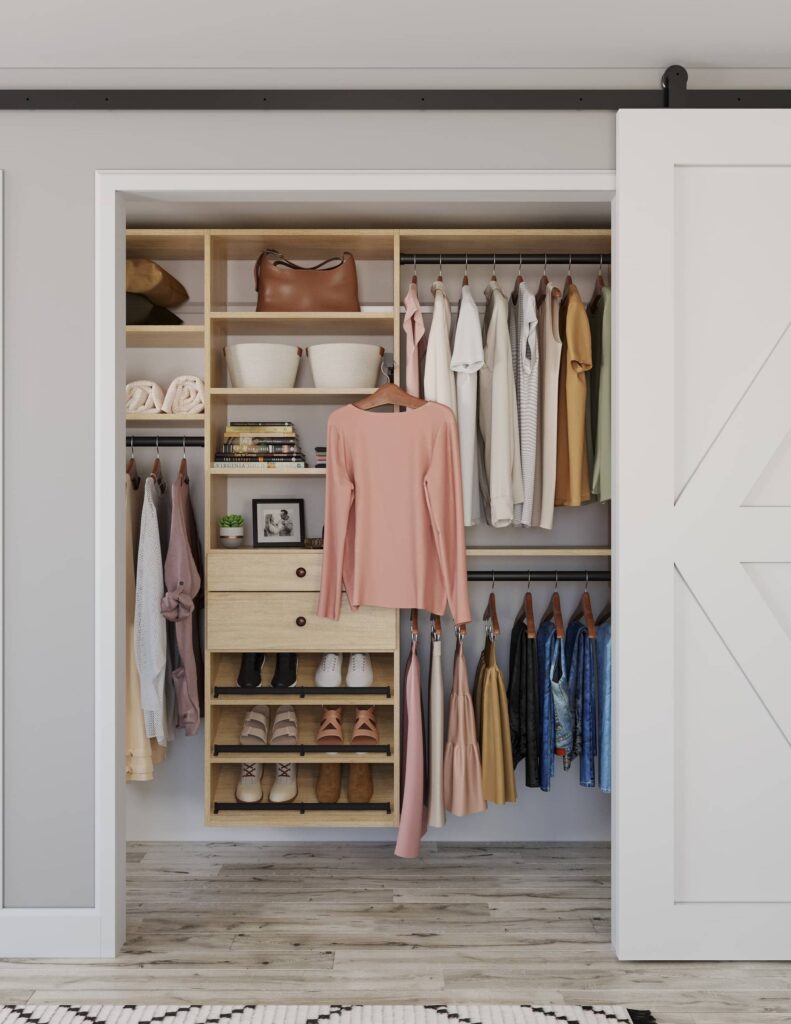 Neatly organized closet with clothes and accessories.