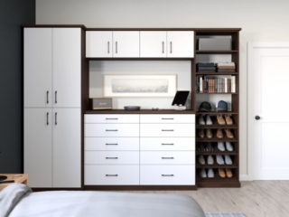 Modern bedroom closet with cabinets and shoe rack.
