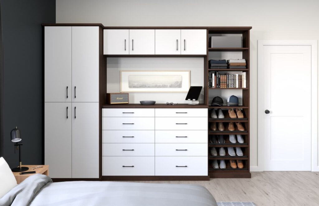 Modern bedroom closet with cabinets and shoe rack.