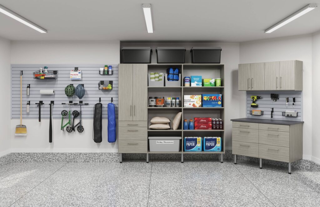Organized garage with shelves and wall-mounted tools.