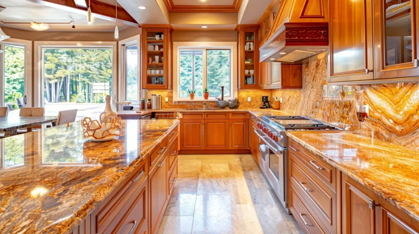 Luxury kitchen with marble countertops and large windows.
