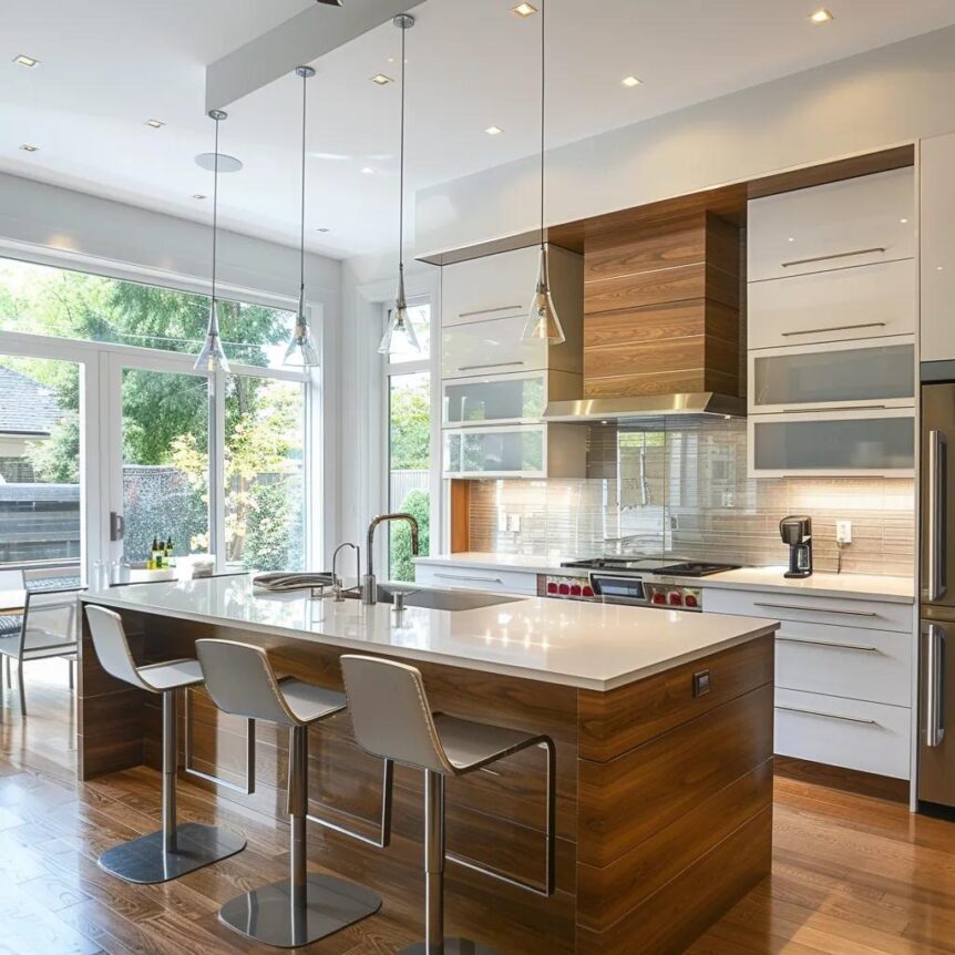 Open concept kitchen with large island and natural light, showcasing modern design elements