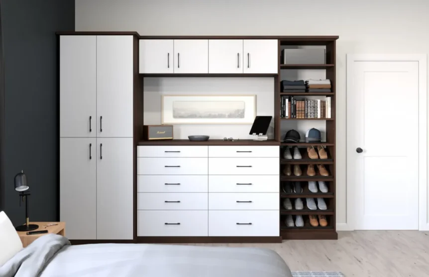 Modern bedroom closet with cabinets and shoe rack.